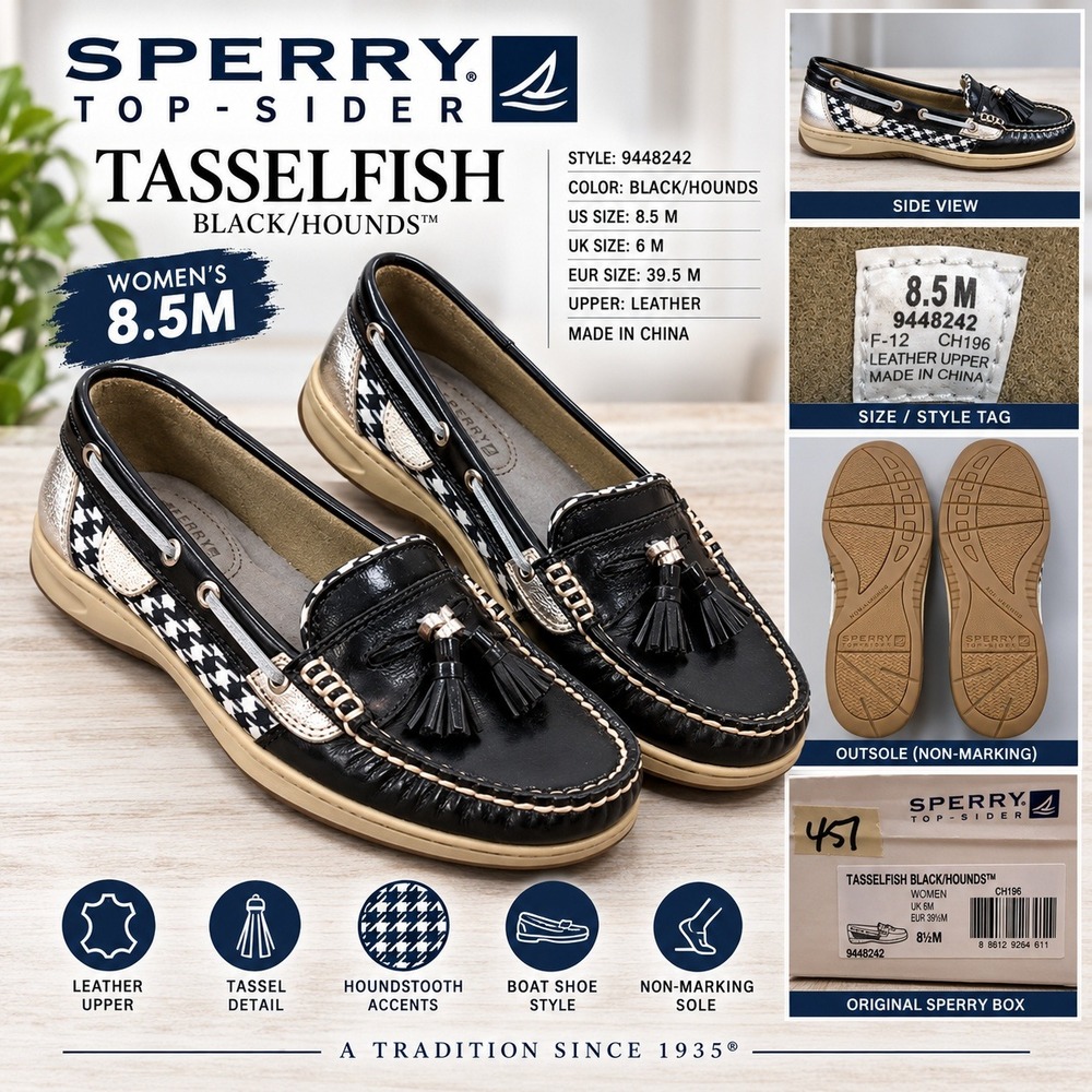 Sperry Top-Sider Tasselfish Womens 8.5 Black Houndstooth Leather Boat Shoes